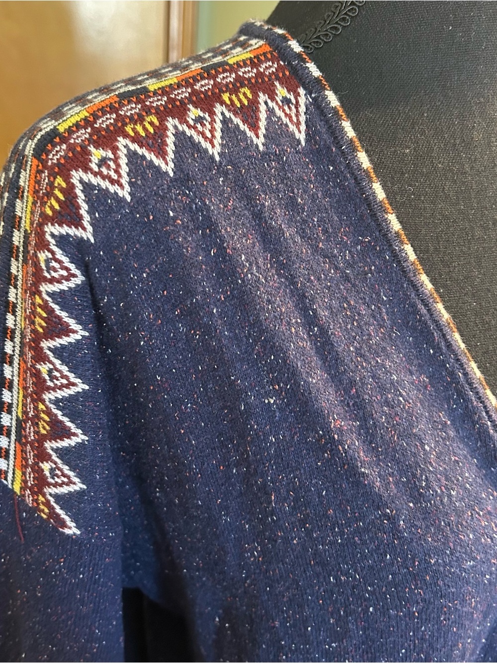 Soft Surroundings navy blue with aztec trim long open front duster cardigan - Picture 5 of 8